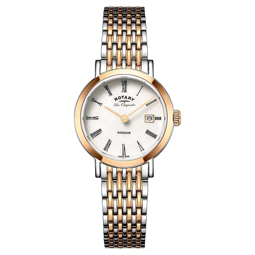 rotary 女式石英手表白色表盘模拟显示和双色不锈钢表链 lb90155/01